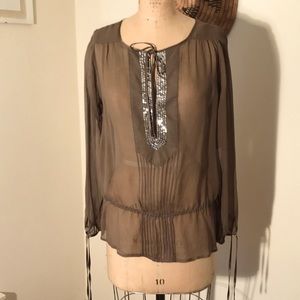 COPY - 100% silk sheer blouson top w/ sequin front panel